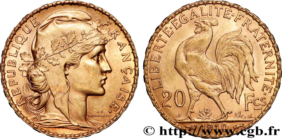 20 francs or Coq, Liberté Égalité Fraternité 1910 Paris F.535/4 MS 