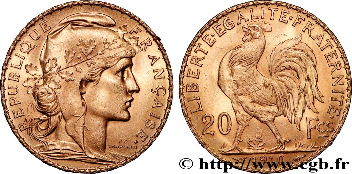 20 francs or Coq, Liberté Égalité Fraternité 1910 Paris F.535/4 SPL 