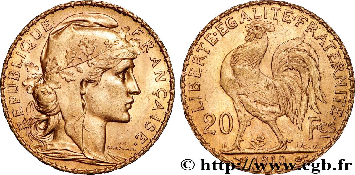 20 francs or Coq, Liberté Égalité Fraternité 1910 Paris F.535/4 SUP+ 
