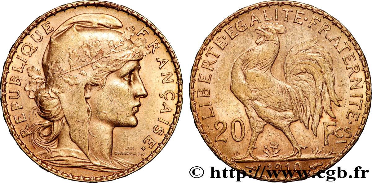 20 francs or Coq, Liberté Égalité Fraternité 1910 Paris F.535/4 TTB+ 