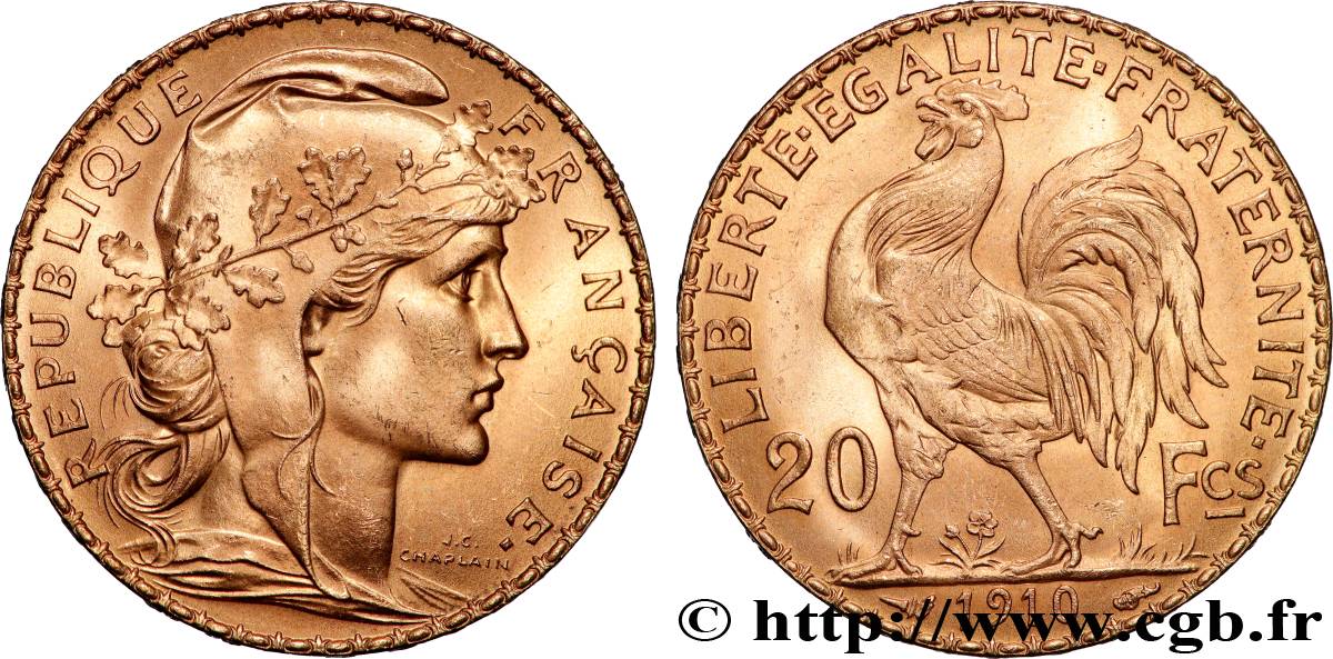 20 francs or Coq, Liberté Égalité Fraternité 1910 Paris F.535/4 SPL 