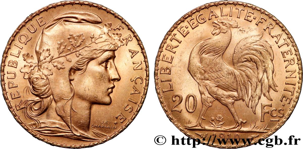 20 francs or Coq, Liberté Égalité Fraternité 1910 Paris F.535/4 fST 