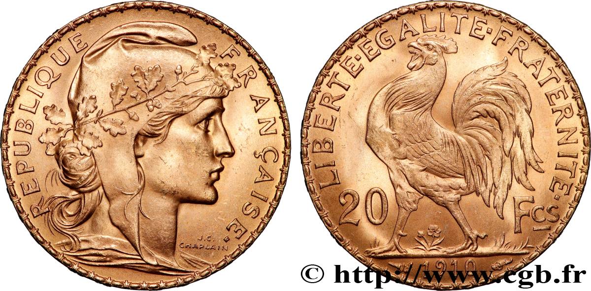 20 francs or Coq, Liberté Égalité Fraternité 1910 Paris F.535/4 SPL 