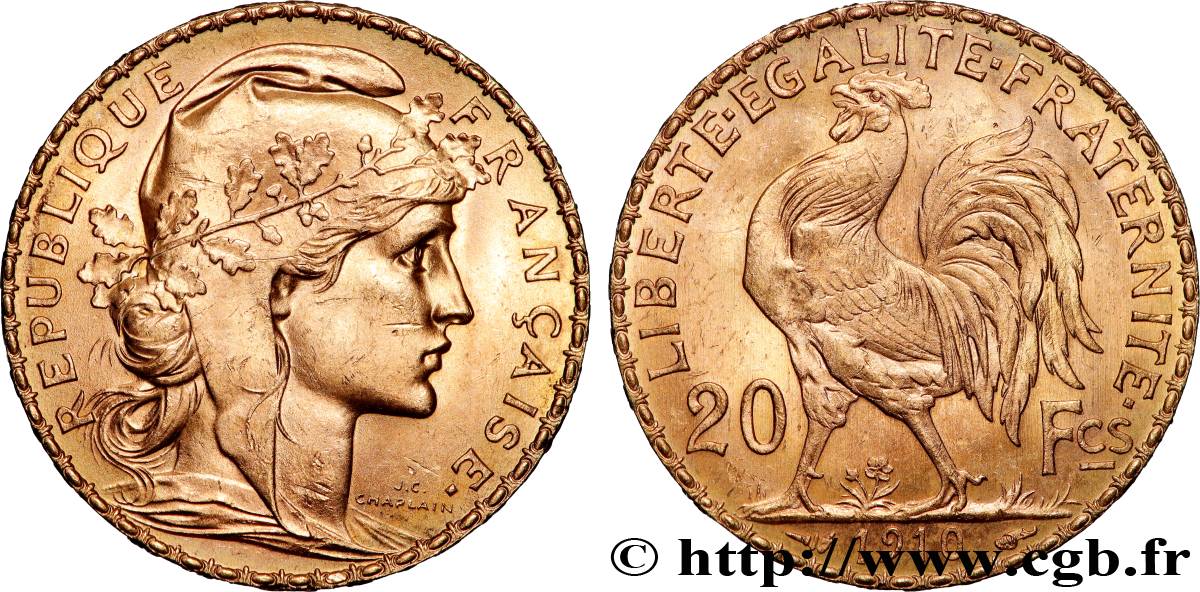 20 francs or Coq, Liberté Égalité Fraternité 1910 Paris F.535/4 SUP+ 