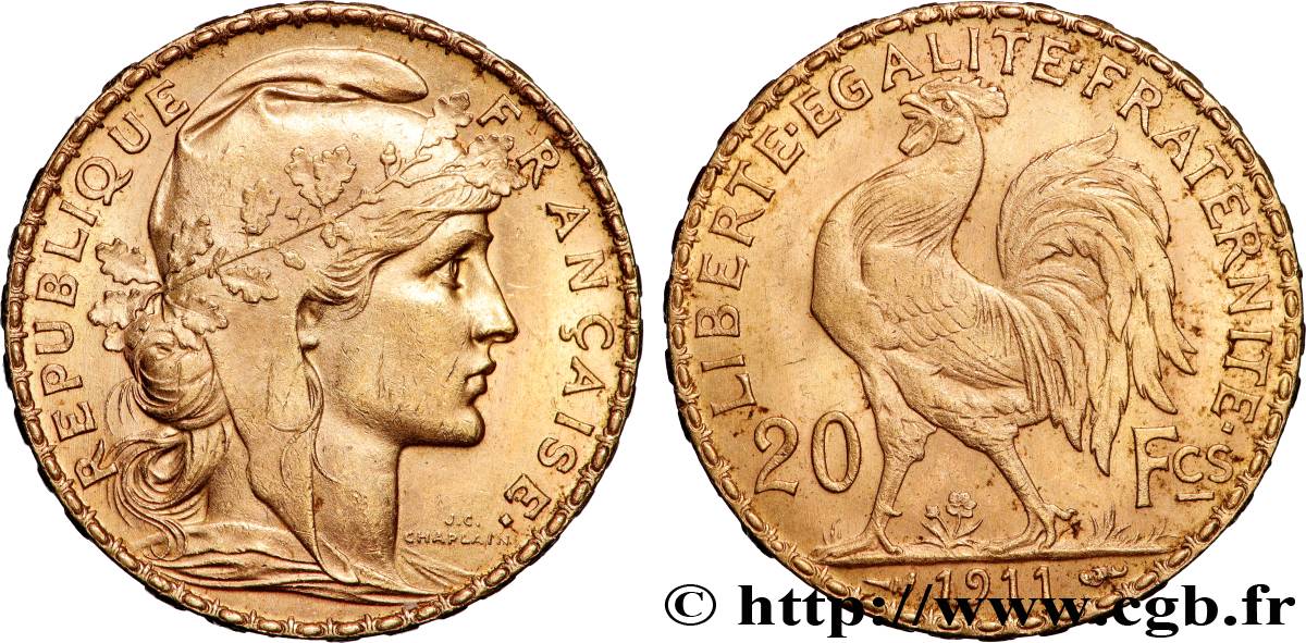 20 francs or Coq, Liberté Égalité Fraternité 1911 Paris F.535/5 fVZ 