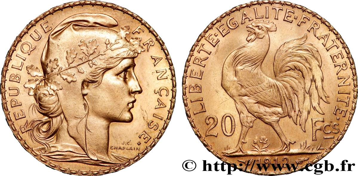 20 francs or Coq, Liberté Égalité Fraternité 1912 Paris F.535/6 SPL 