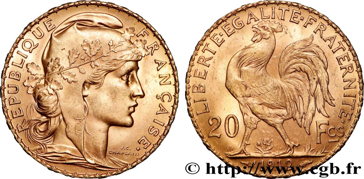 20 francs or Coq, Liberté Égalité Fraternité 1912 Paris F.535/6 VZ+ 