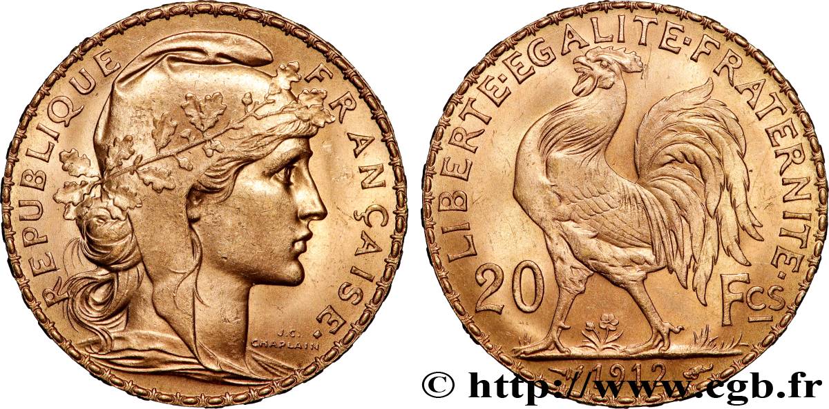 20 francs or Coq, Liberté Égalité Fraternité 1912 Paris F.535/6 SUP+ 
