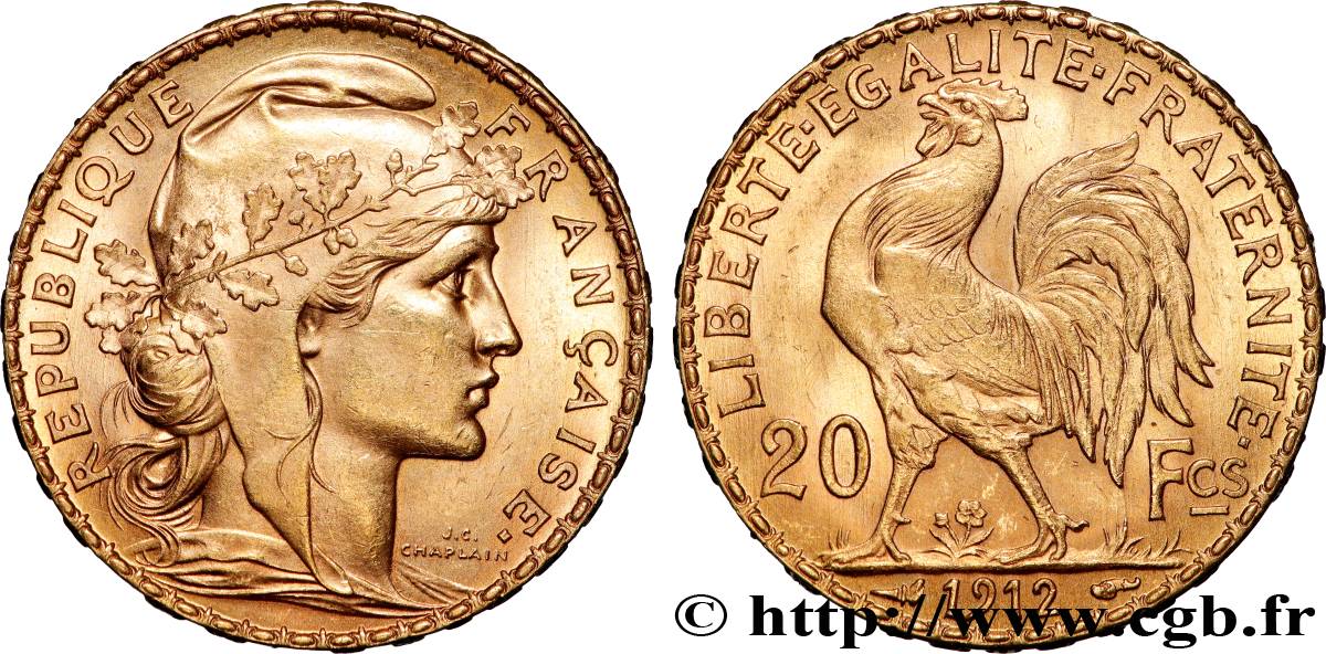 20 francs or Coq, Liberté Égalité Fraternité 1912 Paris F.535/6 AU 
