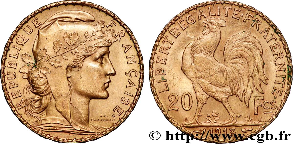 20 francs or Coq, Liberté Égalité Fraternité 1913 Paris F.535/7 AU 