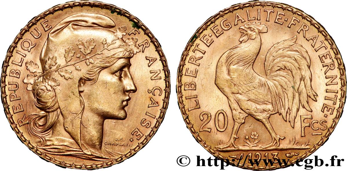 20 francs or Coq, Liberté Égalité Fraternité 1913 Paris F.535/7 VZ 