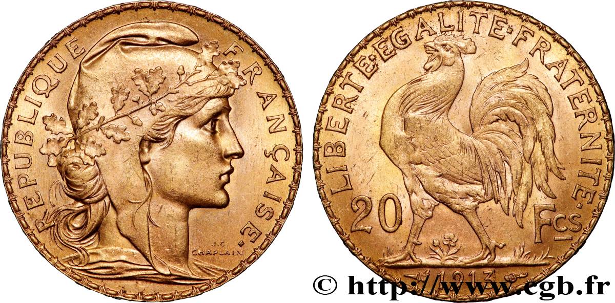 20 francs or Coq, Liberté Égalité Fraternité 1913 Paris F.535/7 AU 