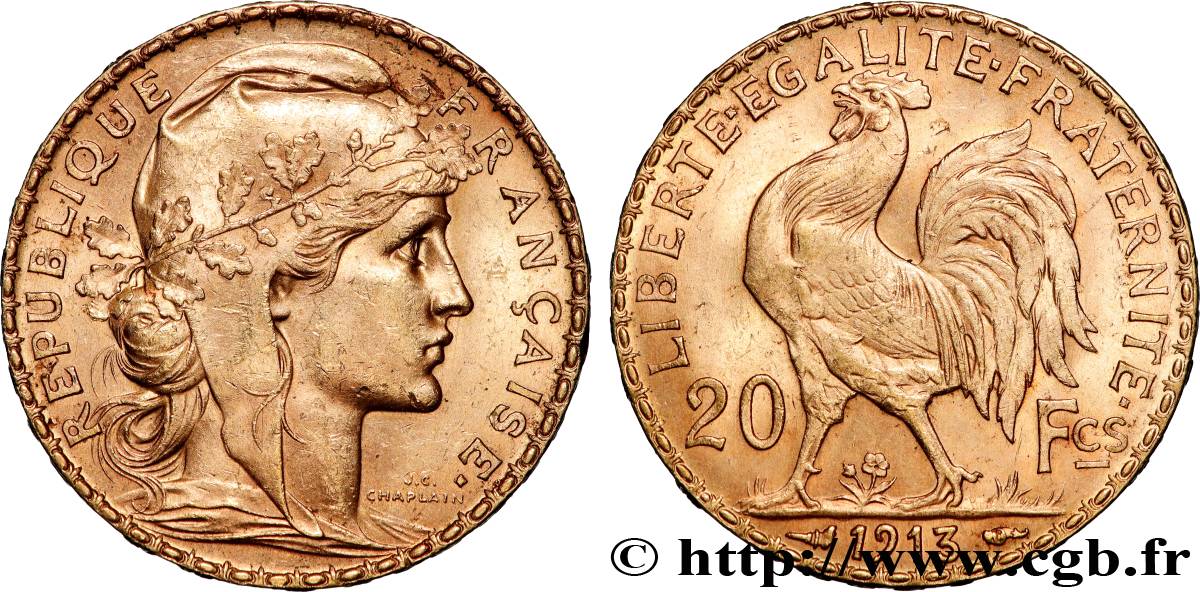 20 francs or Coq, Liberté Égalité Fraternité 1913 Paris F.535/7 EBC 