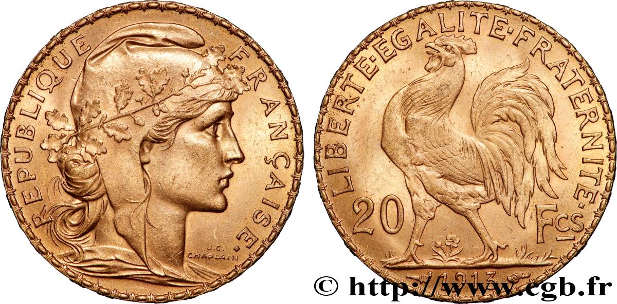 20 francs or Coq, Liberté Égalité Fraternité 1913 Paris F.535/7 SPL 