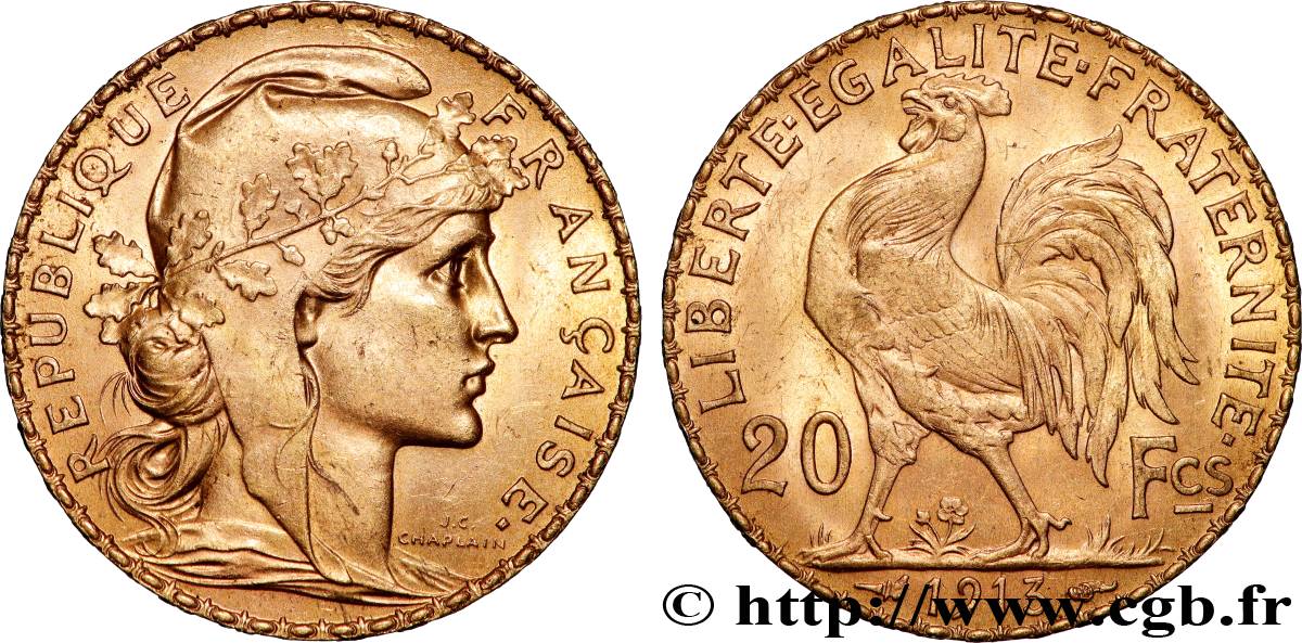 20 francs or Coq, Liberté Égalité Fraternité 1913 Paris F.535/7 SUP+ 
