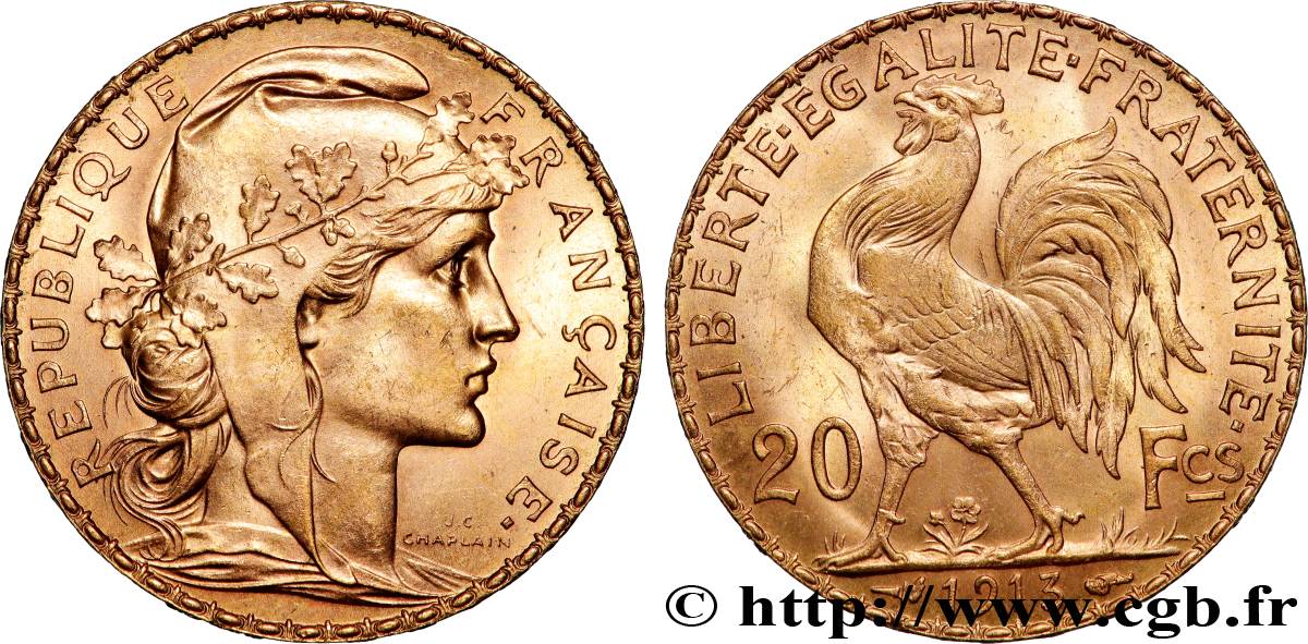 20 francs or Coq, Liberté Égalité Fraternité 1913 Paris F.535/7 SPL 