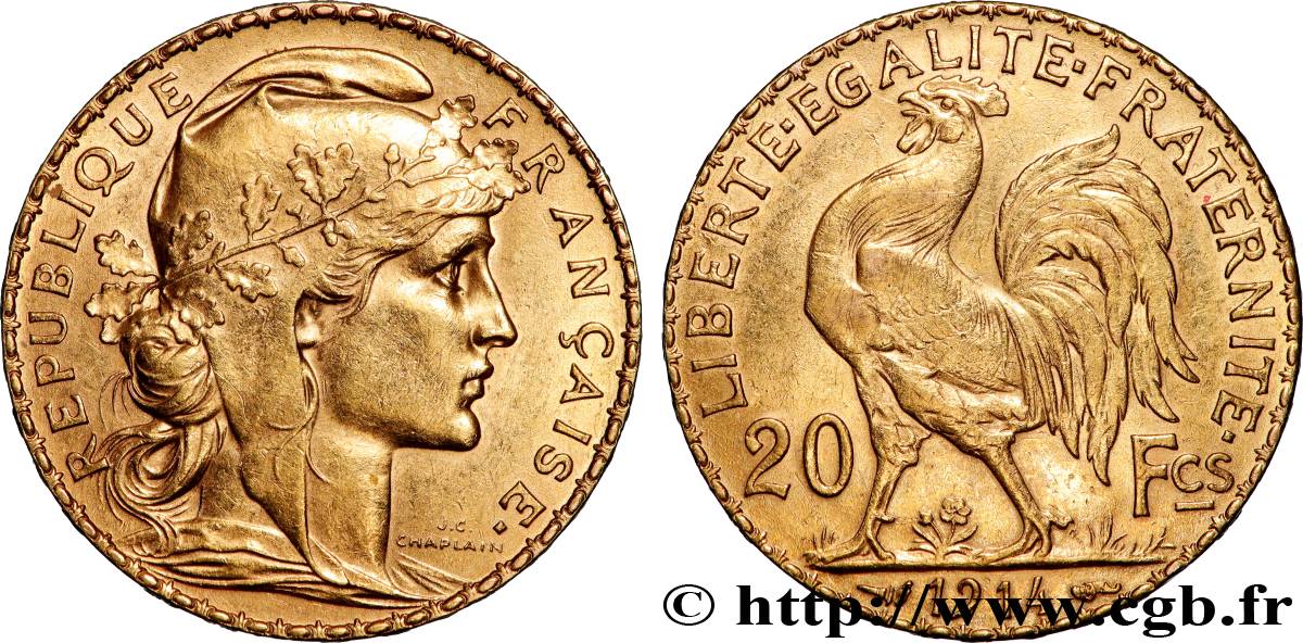 20 francs or Coq, Liberté Égalité Fraternité 1914 Paris F.535/8 TTB+ 