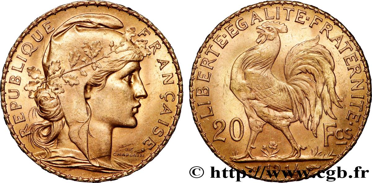 20 francs or Coq, Liberté Égalité Fraternité 1914 Paris F.535/8 SUP+ 
