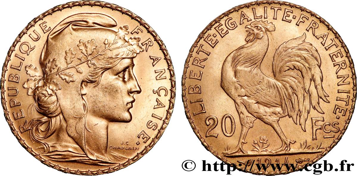 20 francs or Coq, Liberté Égalité Fraternité 1914 Paris F.535/8 EBC+ 