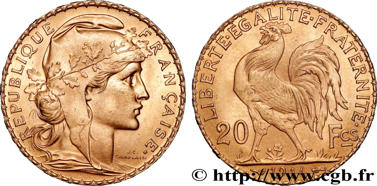 20 francs or Coq, Liberté Égalité Fraternité 1914 Paris F.535/8 SPL 