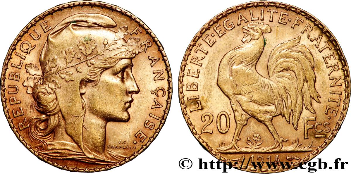20 francs or Coq, Liberté Égalité Fraternité 1914 Paris F.535/8 SUP 