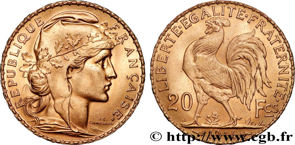 20 francs or Coq, Liberté Égalité Fraternité 1914 Paris F.535/8 SPL 