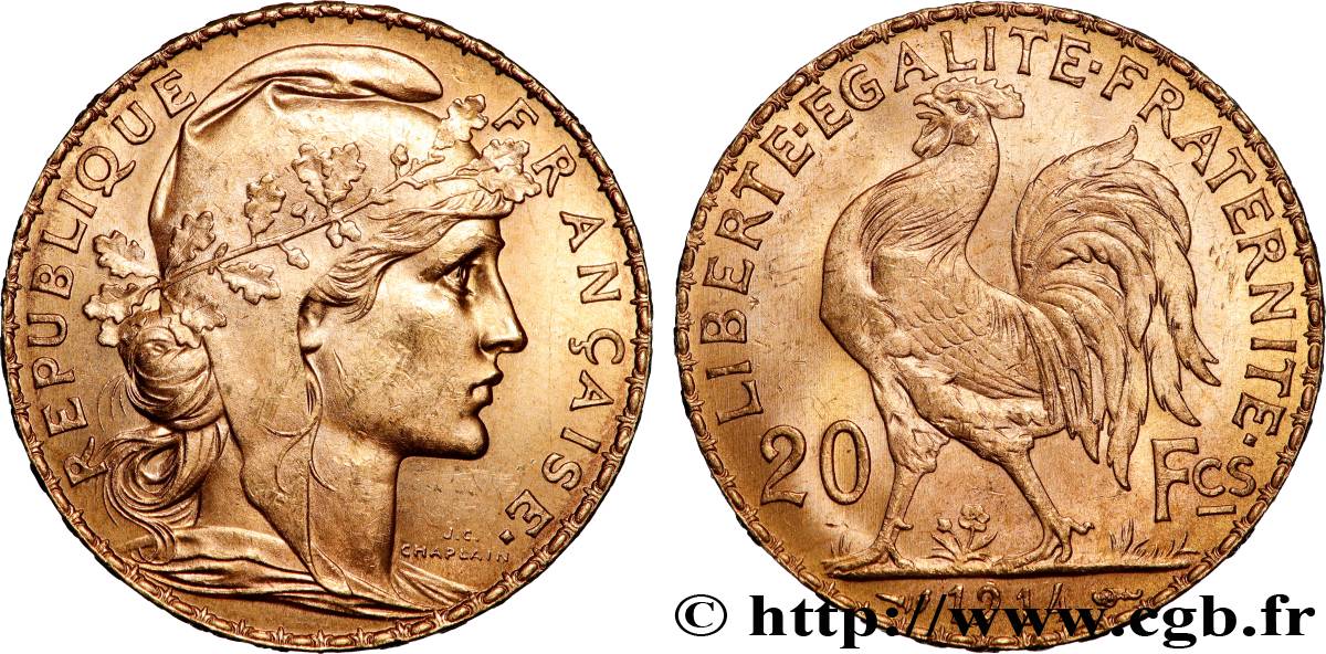 20 francs or Coq, Liberté Égalité Fraternité 1914 Paris F.535/8 SUP+ 