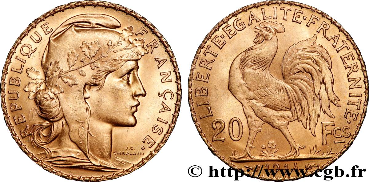20 francs or Coq, Liberté Égalité Fraternité 1914 Paris F.535/8 SPL 