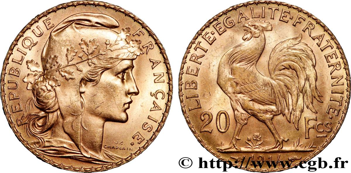 20 francs or Coq, Liberté Égalité Fraternité 1914 Paris F.535/8 MS 