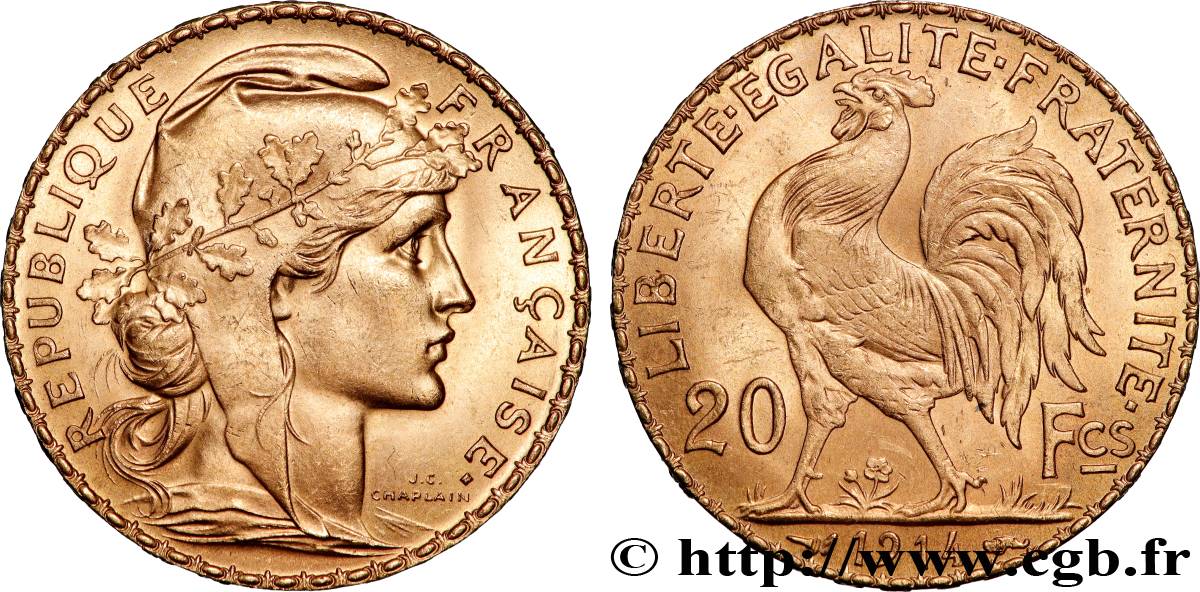 20 francs or Coq, Liberté Égalité Fraternité 1914 Paris F.535/8 SPL 