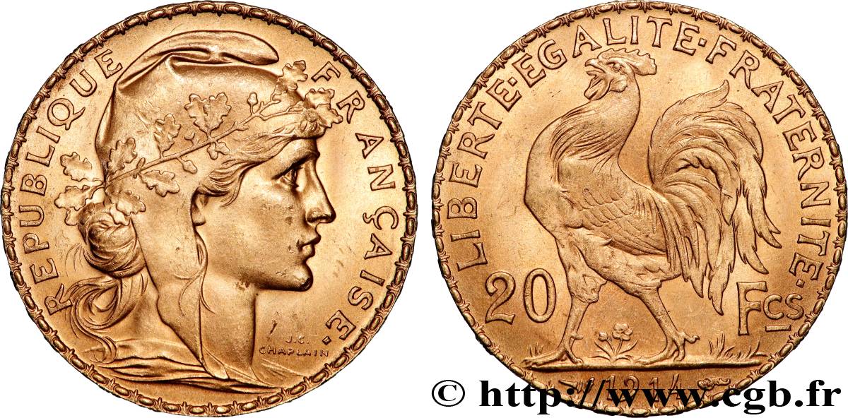 20 francs or Coq, Liberté Égalité Fraternité 1914 Paris F.535/8 VZ+ 