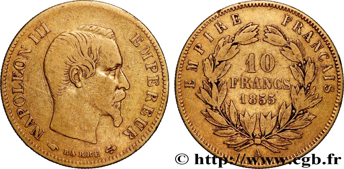 10 francs or Napoléon III, tête nue, grand module 1855 Paris F.506/1 MB 