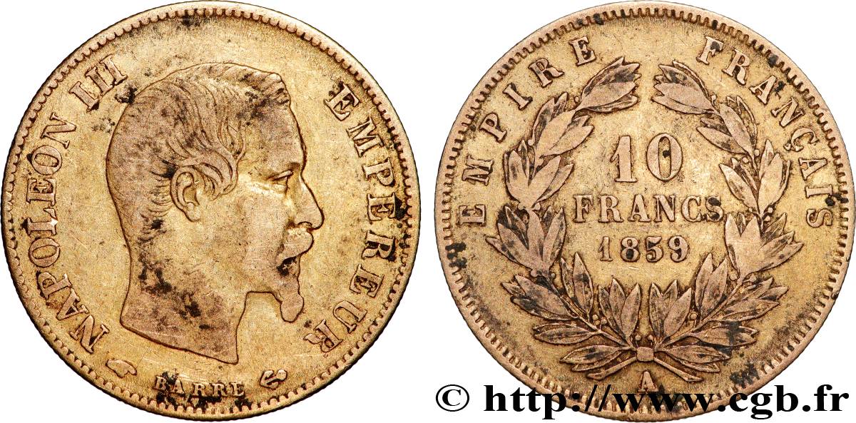 10 francs or Napoléon III, tête nue 1859 Paris F.506/7 VF 