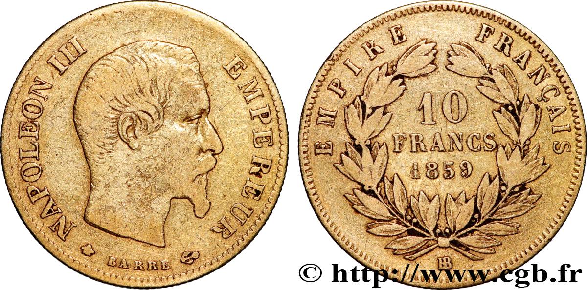 10 francs or Napoléon III, tête nue 1859 Strasbourg F.506/8 TB 