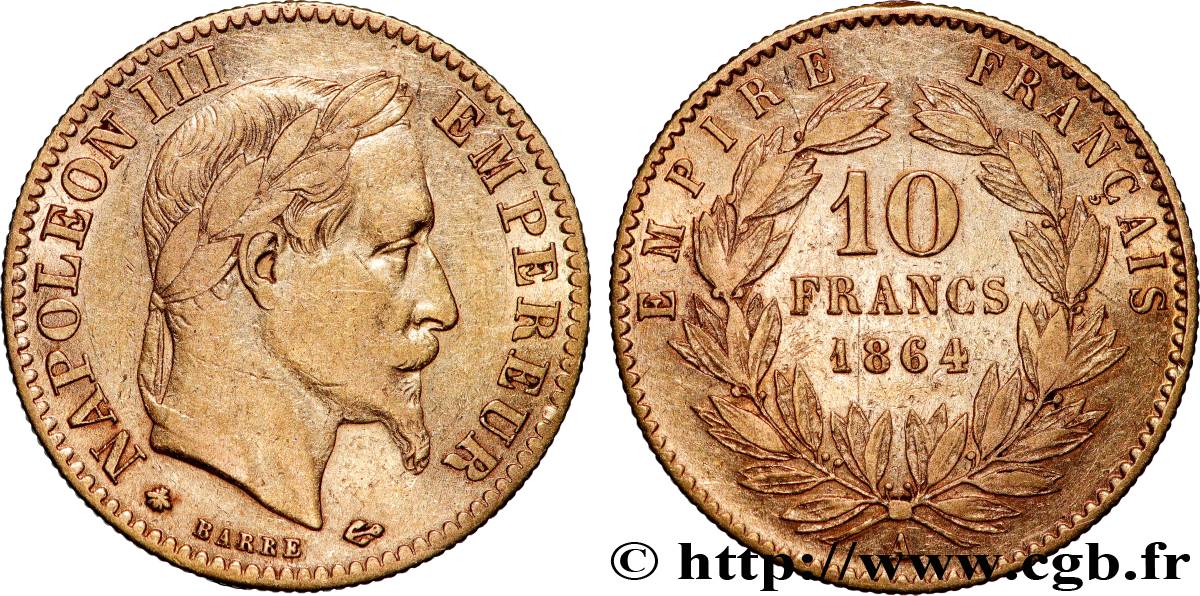 10 francs or Napoléon III, tête laurée, type définitif à grand 10 1864 Paris F.507A/6 TB 