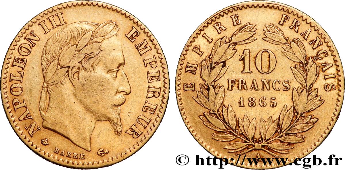 10 francs or Napoléon III, tête laurée 1865 Paris F.507A/9 TB+ 