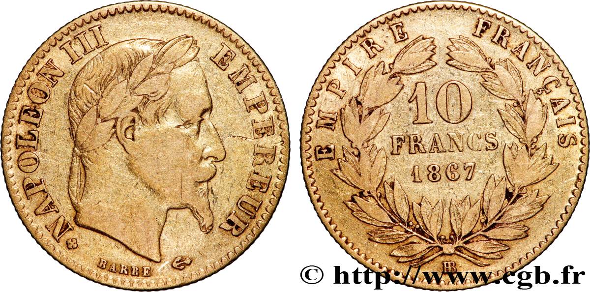 10 francs or Napoléon III, tête laurée 1867 Strasbourg F.507A/16 TB 