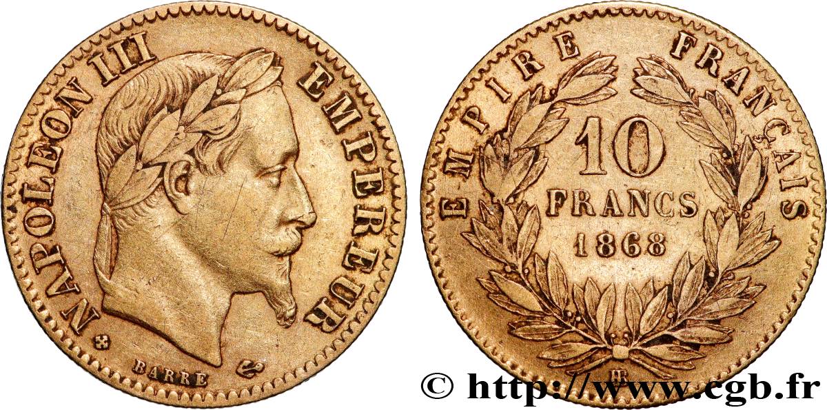 10 francs or Napoléon III, tête laurée 1868 Strasbourg F.507A/18 q.BB 