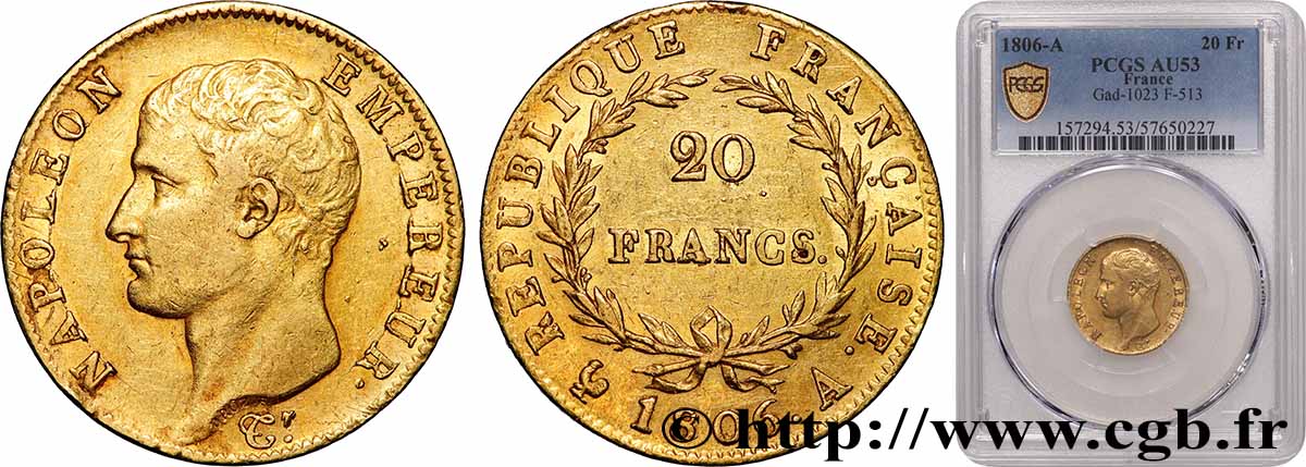 20 francs or Napoléon tête nue, Calendrier grégorien 1806 Paris F.513/1 TTB53 PCGS