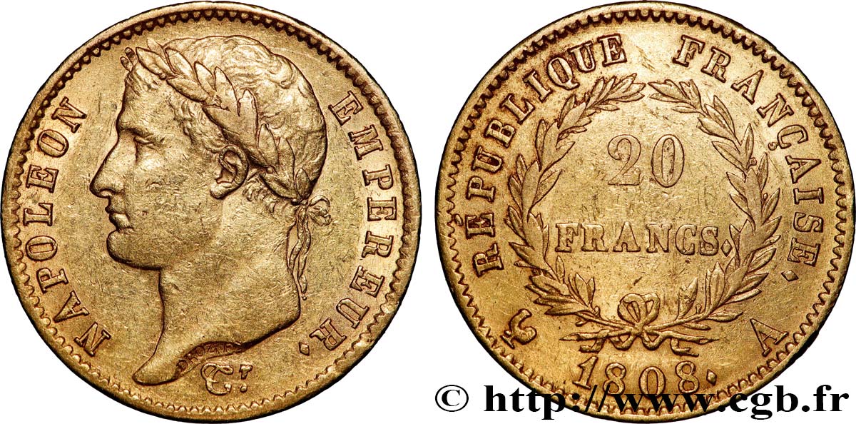20 francs or Napoléon tête laurée, République française 1808 Paris F.515/2 TTB 