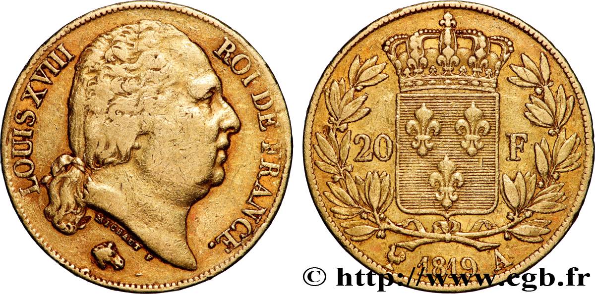 20 francs or Louis XVIII, tête nue 1819 Paris F.519/15 TB+ 