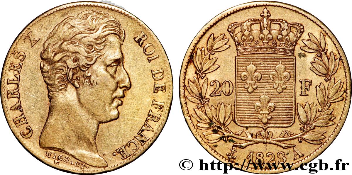 20 francs or Charles X, matrice du revers à quatre feuilles et demie 1828 Paris F.520/8 TTB 