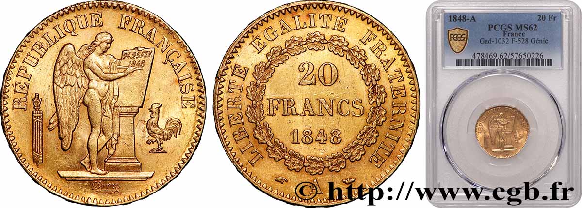 20 francs or Génie, IIe République 1848 Paris F.528/1 MS62 PCGS