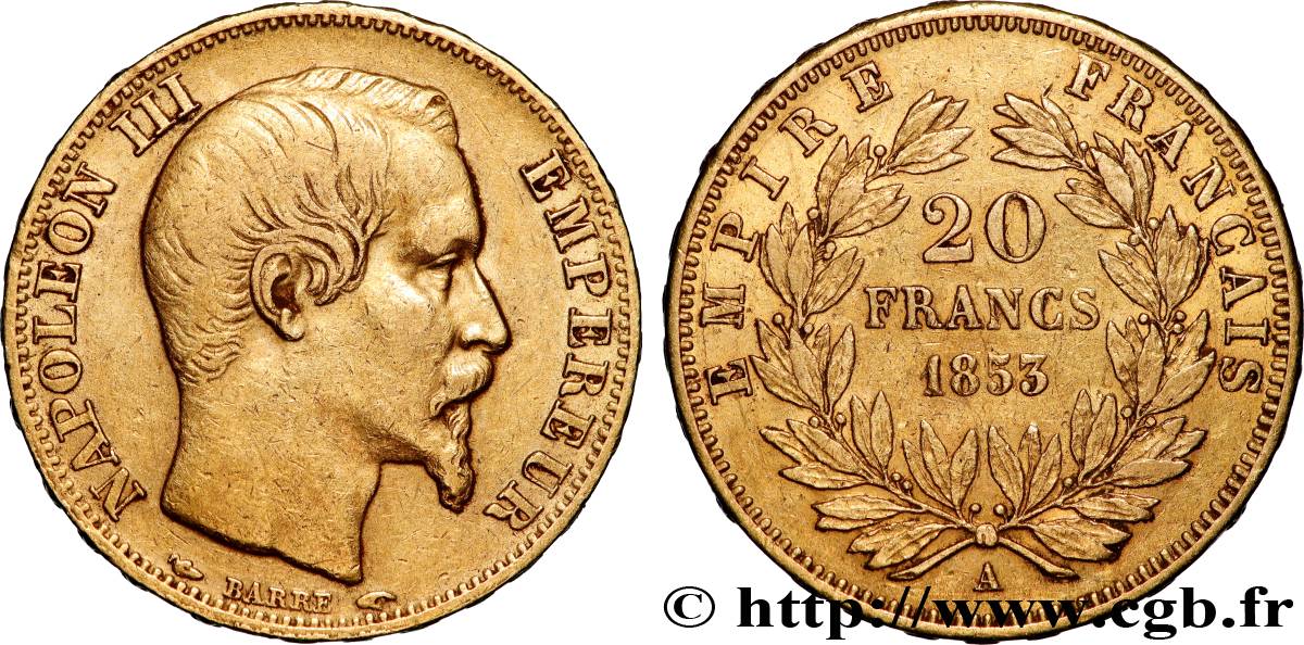 20 francs or Napoléon III, tête nue 1853 Paris F.531/1 TTB 