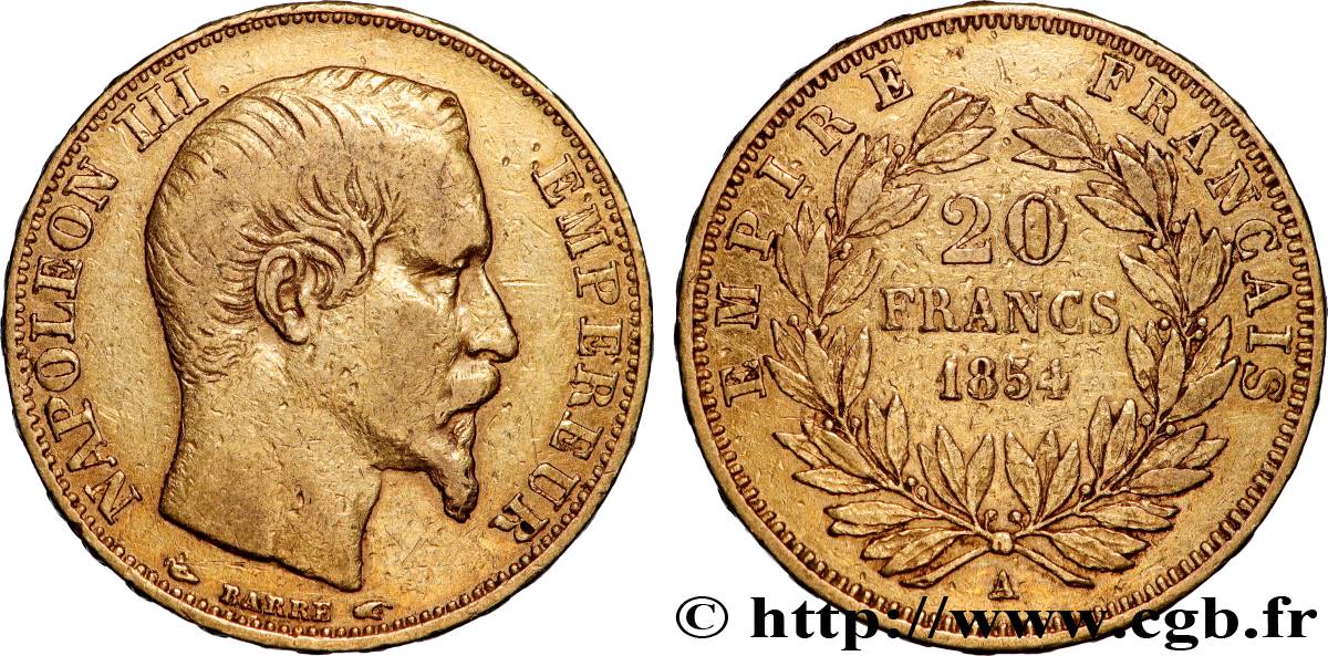20 francs or Napoléon III, tête nue 1854 Paris F.531/2 S 