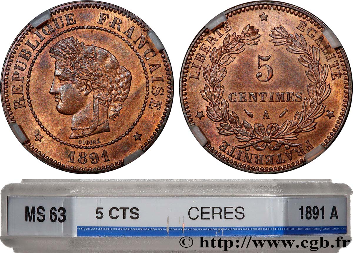 5 centimes Cérès 1891 Paris F.118/33 MS63 GENI