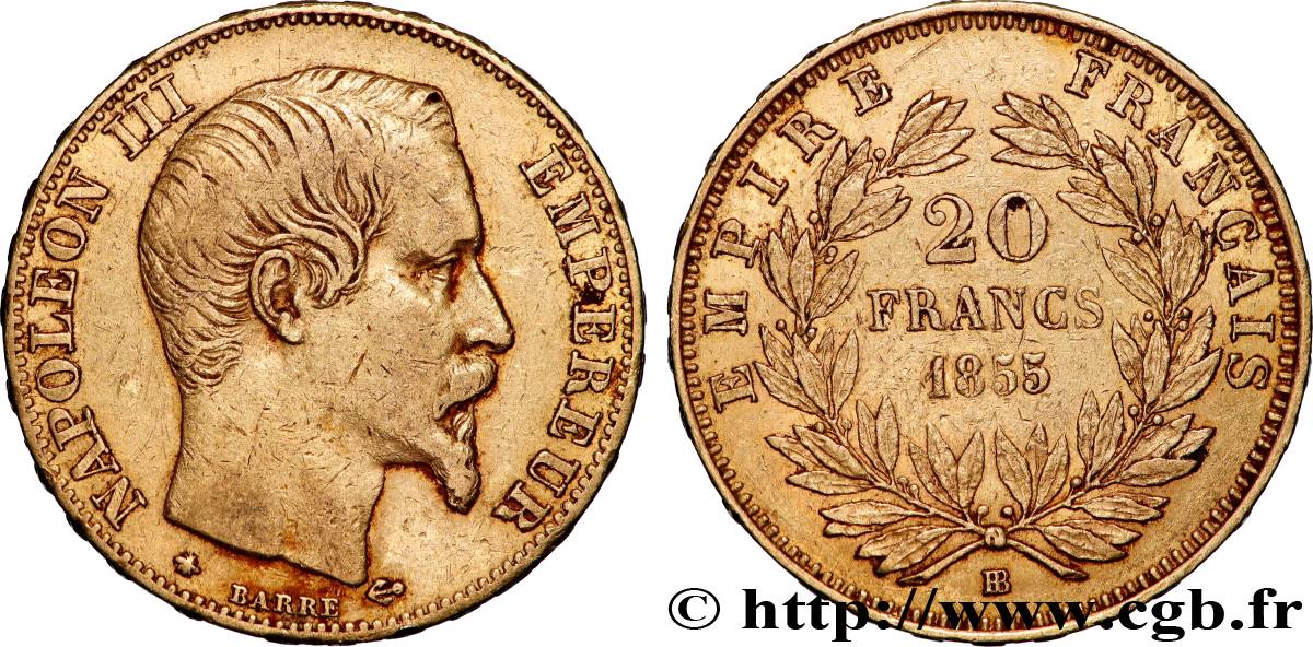 20 francs or Napoléon III, tête nue, différent ancre 1855 Strasbourg F.531/6 TTB 