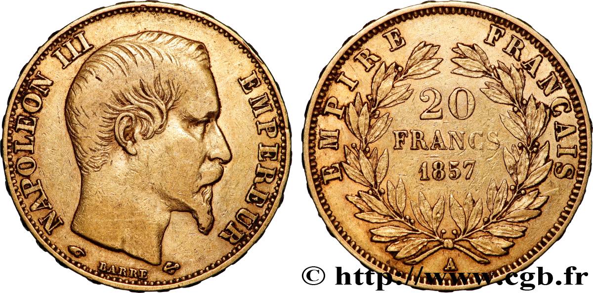 20 francs or Napoléon III, tête nue 1857 Paris F.531/12 SS 