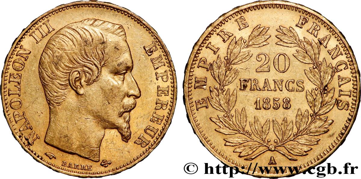 20 francs or Napoléon III, tête nue 1858 Paris F.531/13 TTB+ 