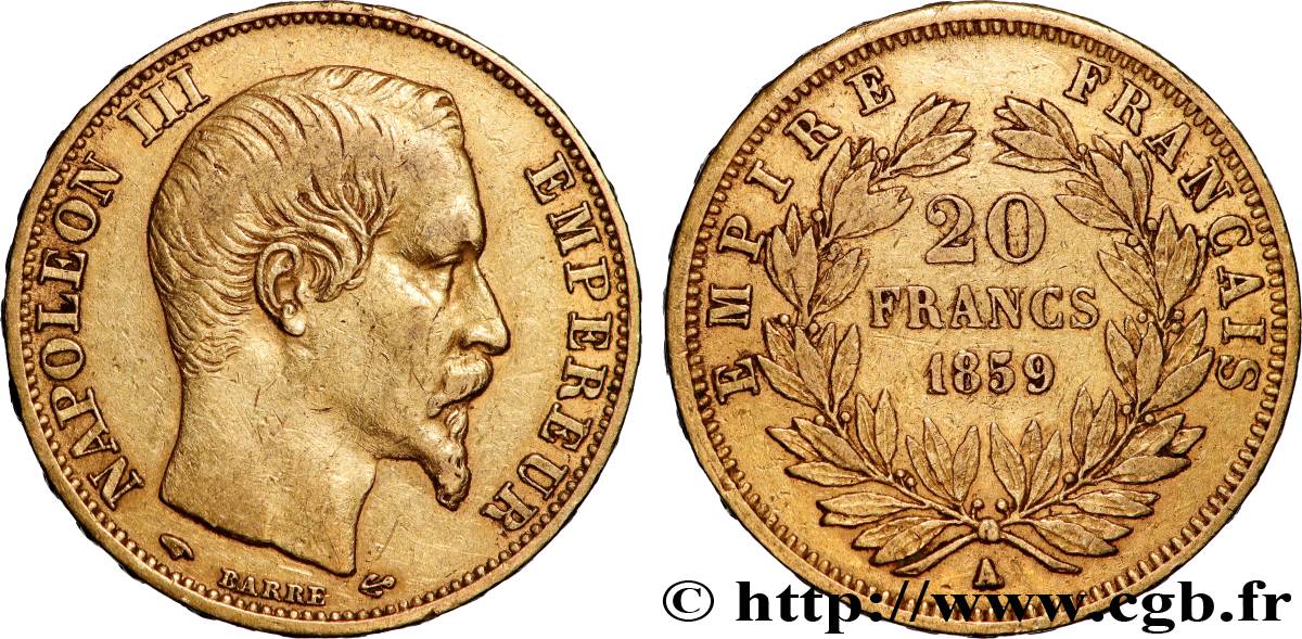 20 francs or Napoléon III, tête nue 1859 Paris F.531/15 BB 